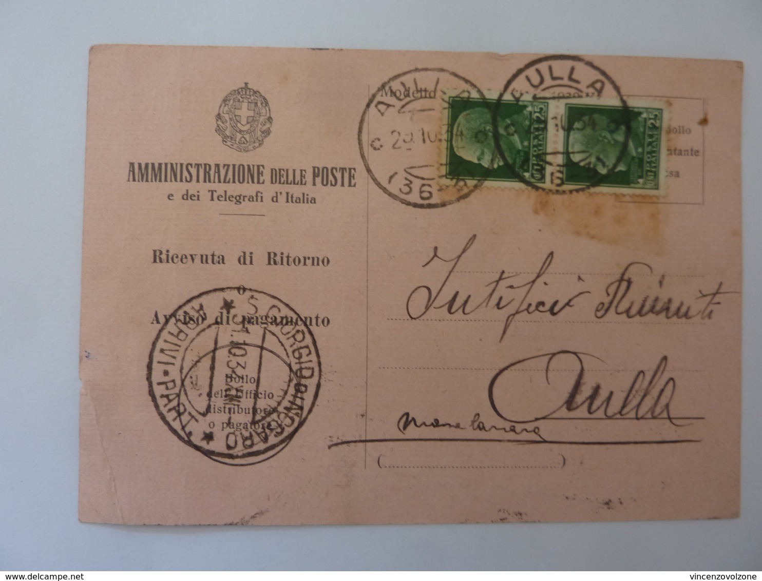 Cartolina Postale Viaggiata "RICEVUTA DI RITORNO - JUTIFICI RIUNITI AULLA - ESATTORIA S. GIORGIO  NOGARO" 1934 - Storia Postale