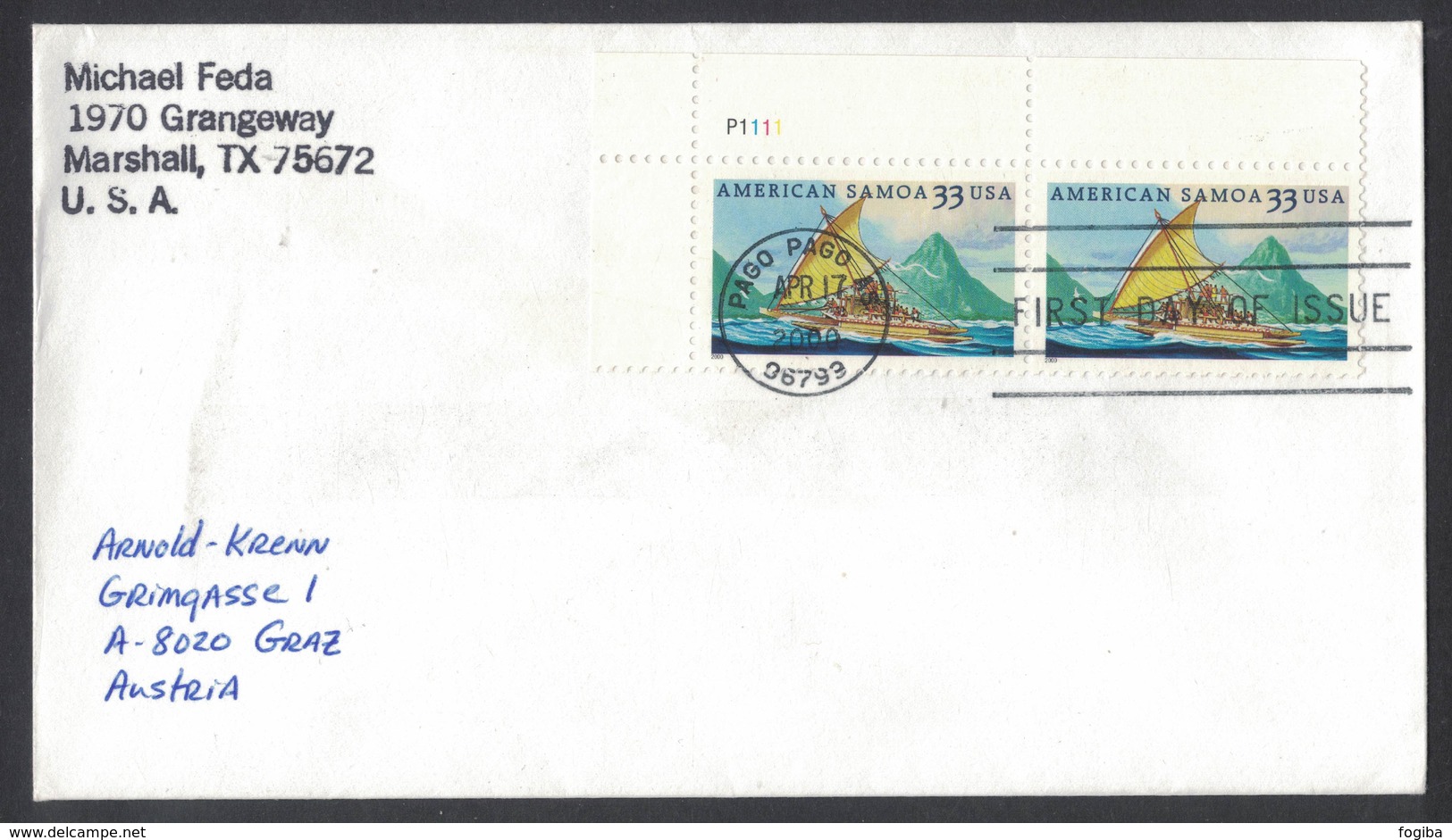 YN306   USA 2000 Cover From Pago Pago To Austria - American Samoa FDC - Scott 3389 - Storia Postale