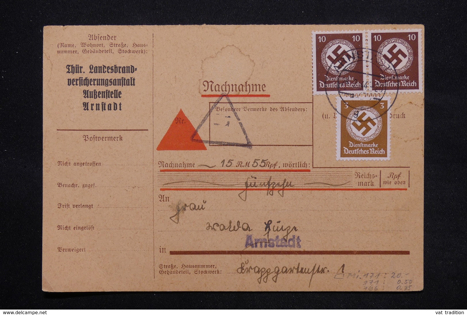 ALLEMAGNE - Carte Contre Remboursement De Arnstadt En 1944 , Affranchissement Plaisant - L 25220 - Lettres & Documents