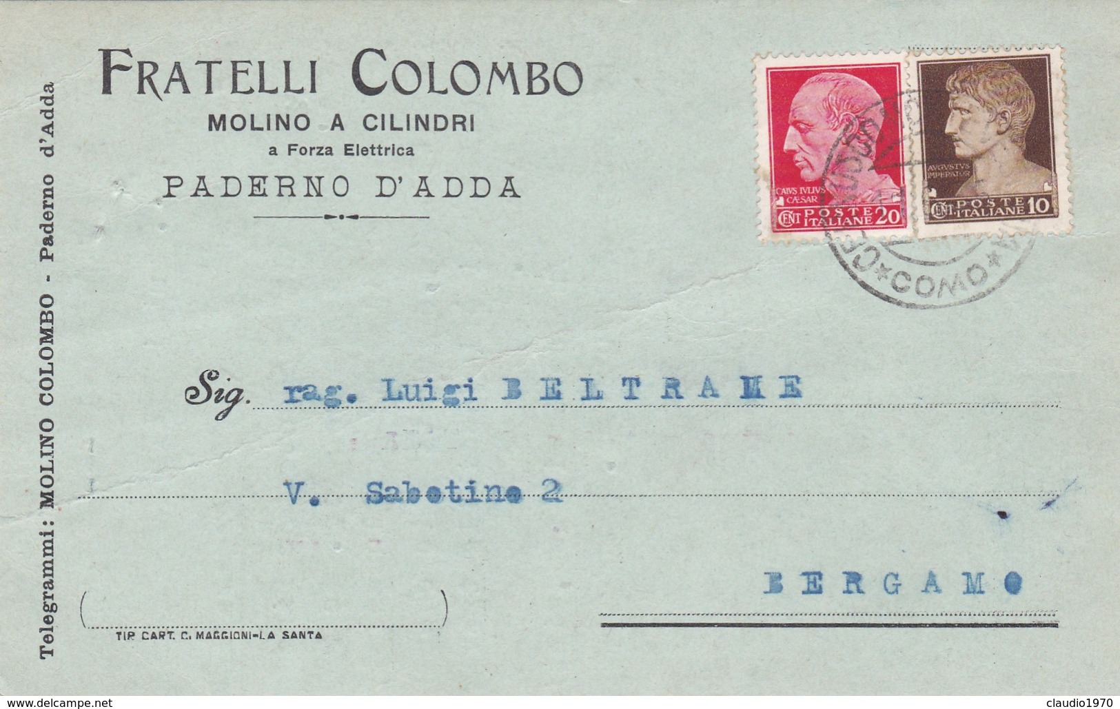 CARTOLINA POSTALE - PADERNO D' ADDA ( LECCO) FRATELLI COLOMBO, MOLINO A CILINDRI - VIAGGIATA PER BERGAMO - Storia Postale