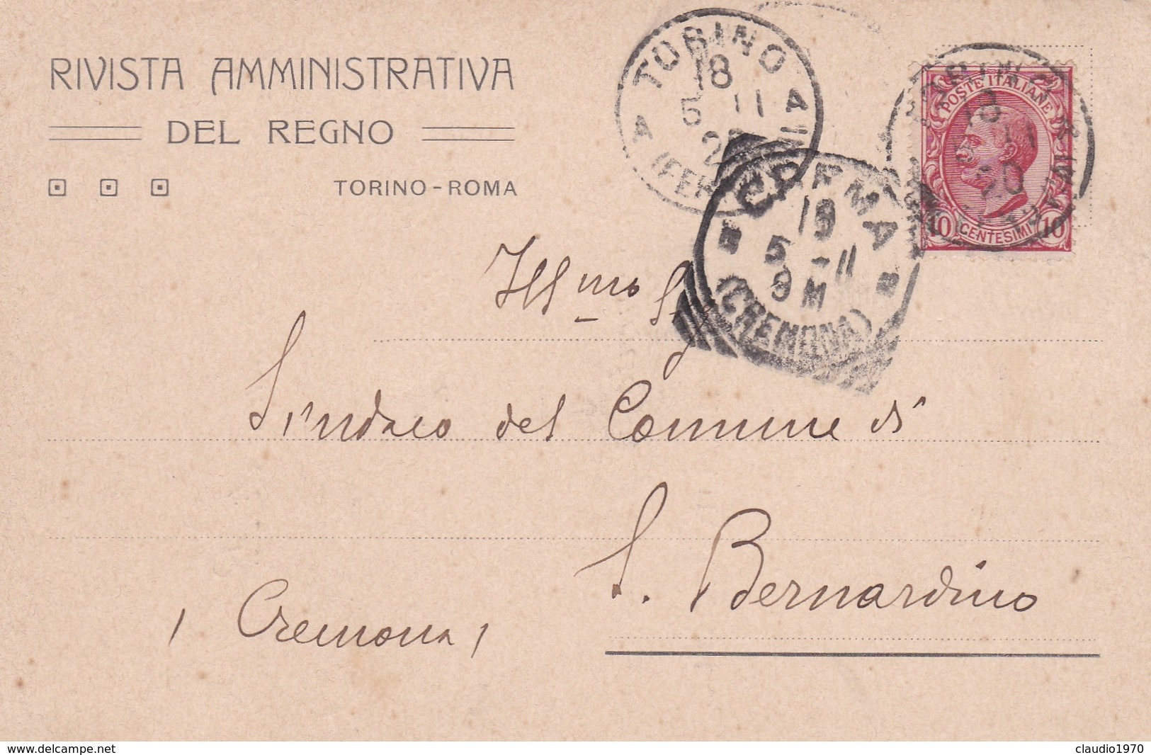 STORIA POSTALE - TORINO - RIVISTA AMMINISTRATIVA DEL REGNO - VIAGGIATA PER CREMA ( CREMONA) - Marcofilía