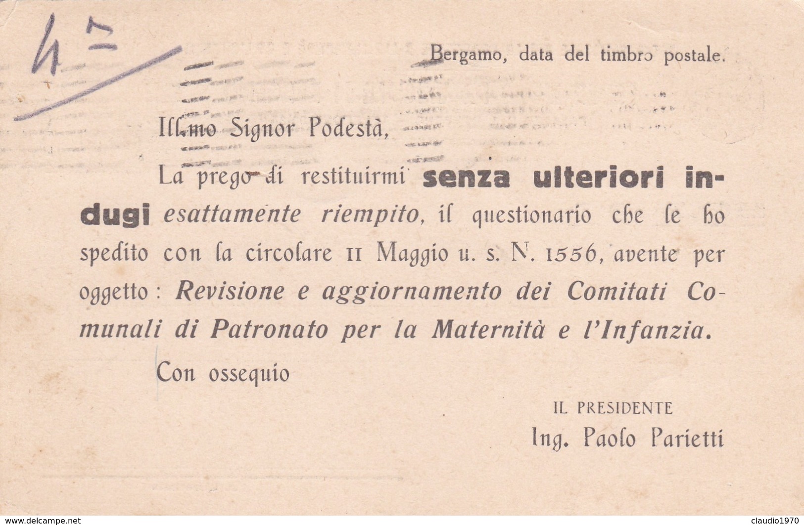 STORIA POSTALE - BERGAMO - OPERA NAZIONALE PER LA PROTEZIONE DELLA MATERNITA' - VIAGGIATA PER RONCOLA ( BG) - Storia Postale