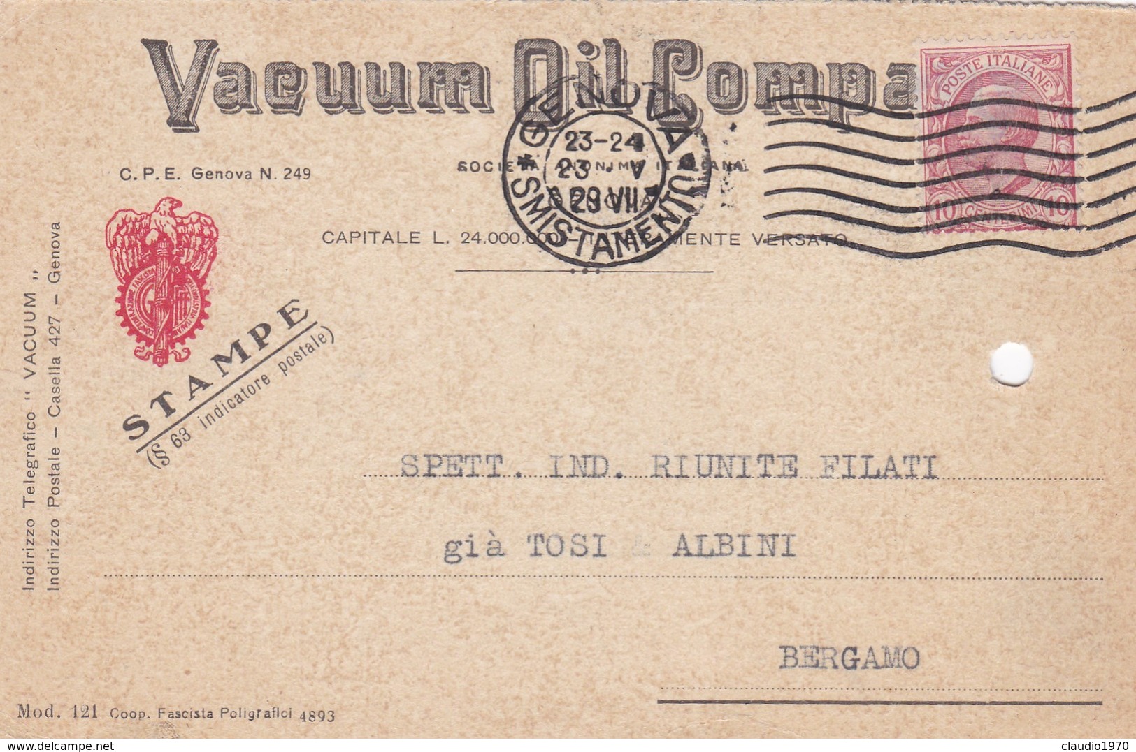 STORIA POSTALE - GENOVA - VACUUM  OIL COMPANY S.A.I. - VIAGGIATA PER BERGAMO - Storia Postale