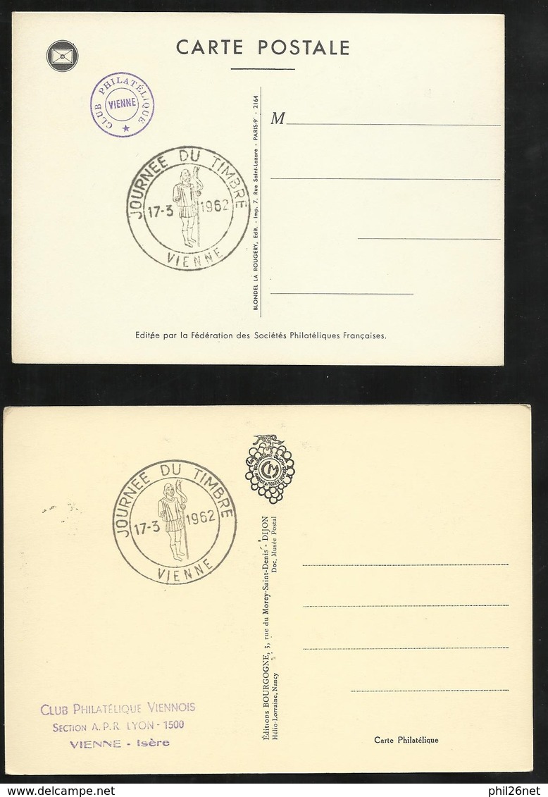 2 Cartes Maximum Premier Jour Vienne Le 17/03/1962 Type 1 Et 2 N° 1332 Journée Du Timbre Messager Royal TB  - 1960-1969