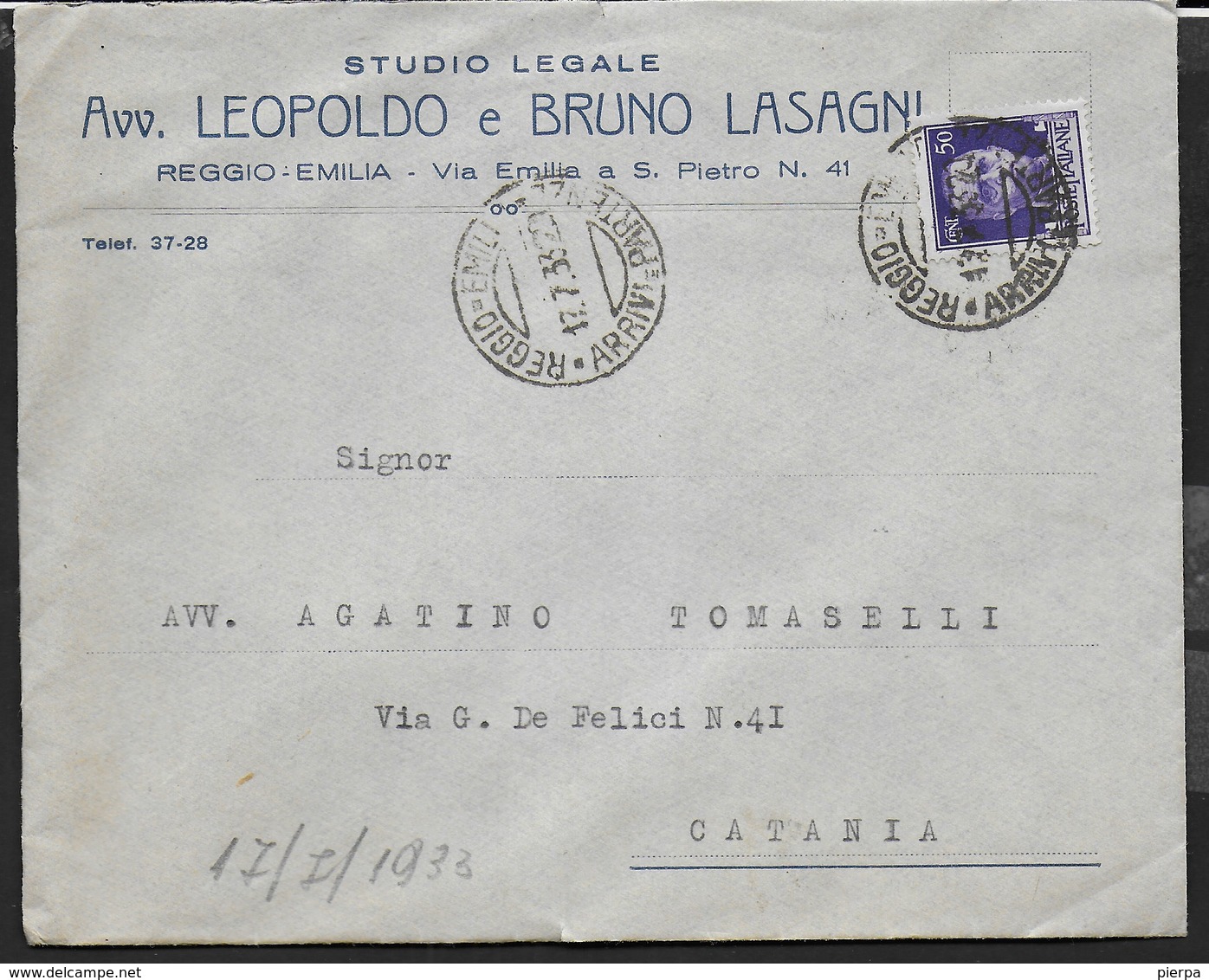 STORIA POSTALE REGNO - ANNULLO DC REGGIO-EMILIA/ARRIVI E PARTENZE 17.07.1937 SU BUSTA INTESTATA - Storia Postale