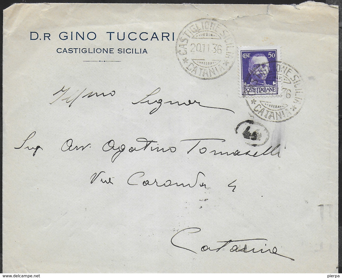 STORIA POSTALE REGNO - ANNULLO DCLR CASTIGLIONE SICILIA/CATANIA 20.11.1936 SU BUSTA INTESTATA PER CATANIA - Storia Postale