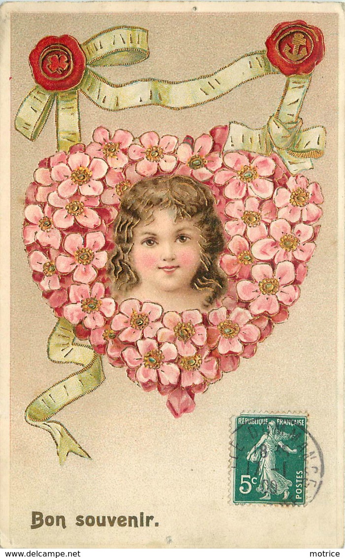 BON SOUVENIR - Portrait D'enfants,cœur De Fleurs (carte Gaufrée) - Portraits