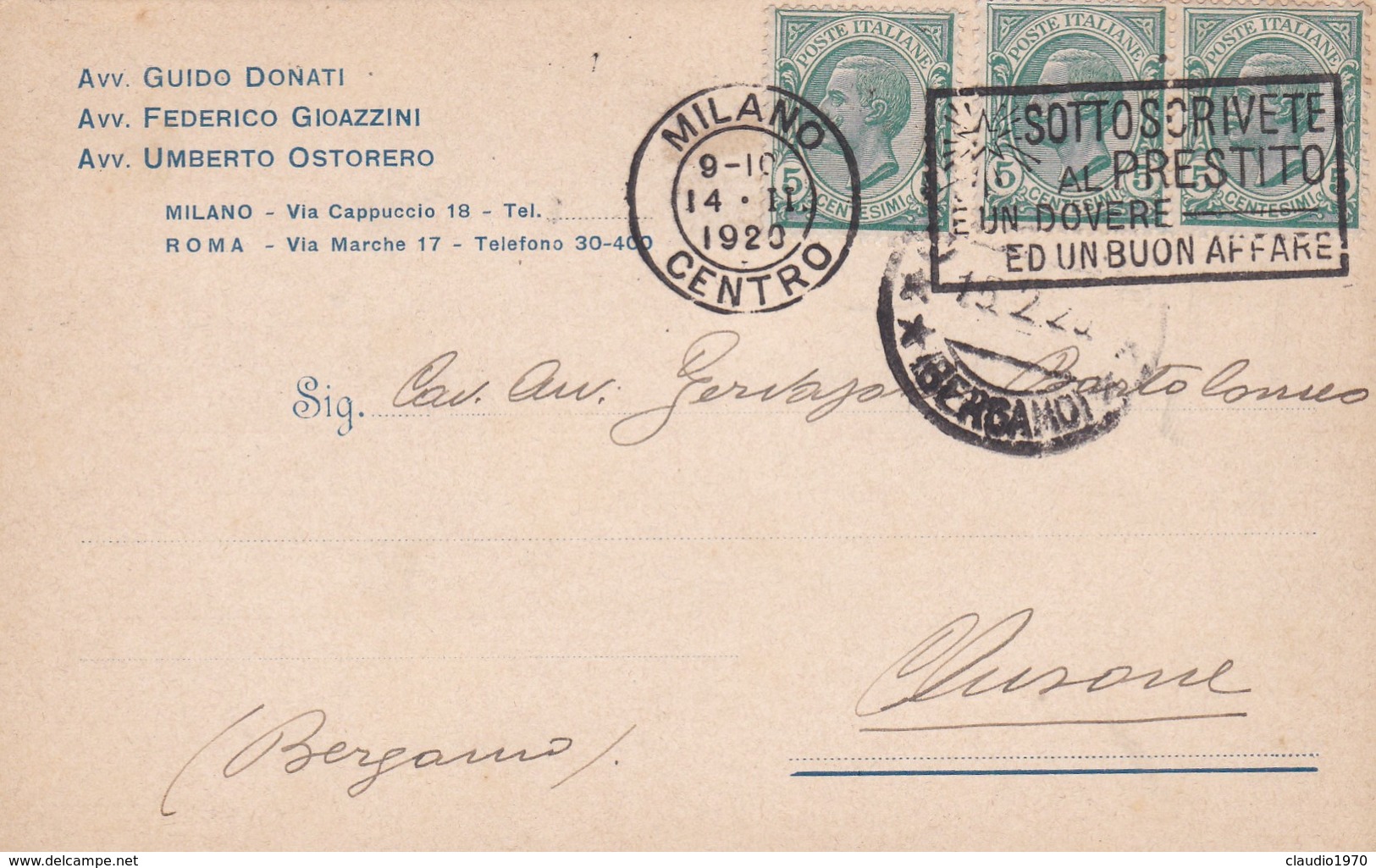 STORIA POSTALE - MILANO - AVV. GUIDO DONATI, AVV. FEDERICO E AVV. UMBERTO - VIAGGIATA PER CLUSONE (BERGAMO) - Storia Postale