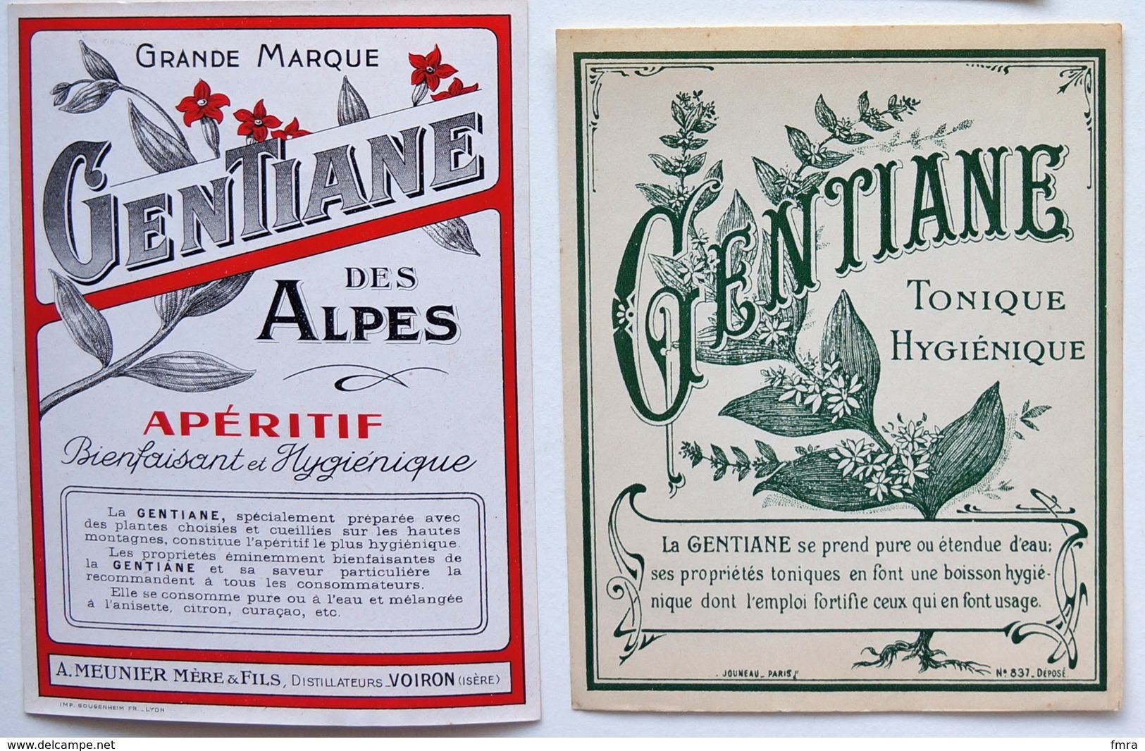 Lot 2 étiquettes Anciennes - Liqueur De GENTIANE Des ALPES - Apéritif Hygiénique MEUNIER Voiron (Isère)TB /A11 - Autres & Non Classés