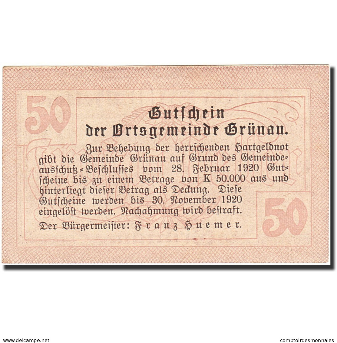 Billet, Autriche, Grünau, 50 Heller, Ferme, 1920, 1920-11-30, SPL - Autriche