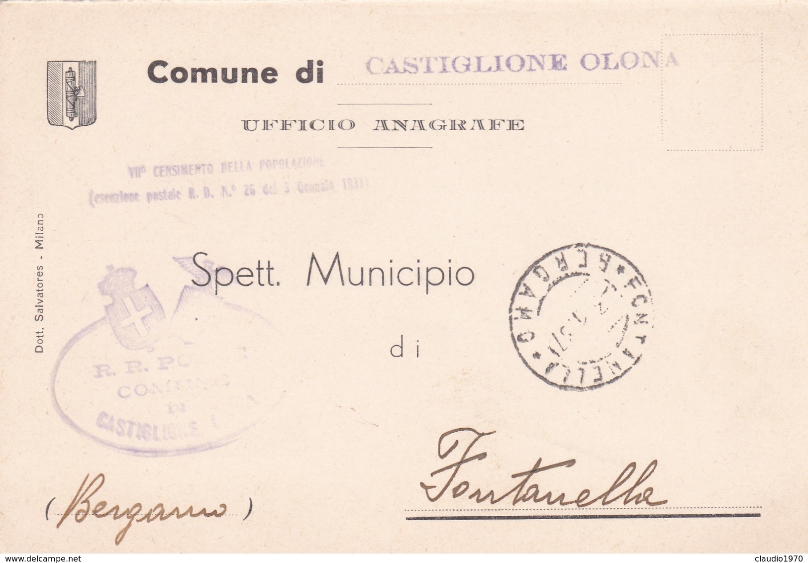 STORIA POSTALE - COMUNE DI CASTIGLIONE OLANA ( VARESE) UFFICO ANAGRAFE - VIAGGIATA PER FONTALELLA (BERGAMO) - Poststempel