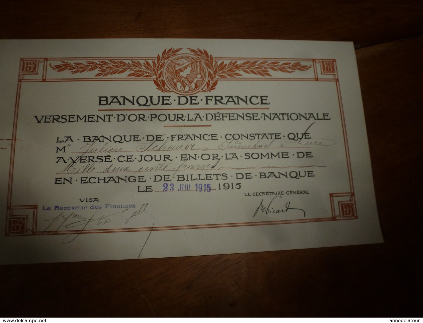 1915  Lot De 4 Certificats De La BANQUE De FRANCE Pour Versement D'OR En échange De Billets De Banque - Bank & Versicherung