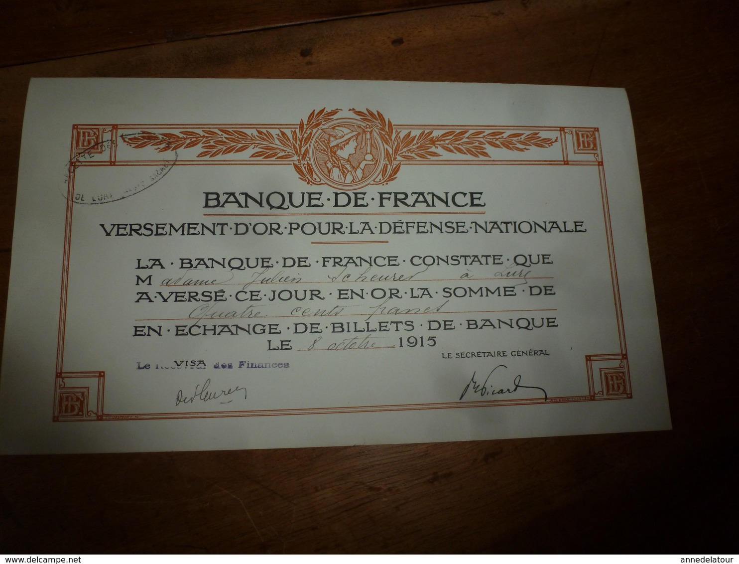 1915  Lot De 4 Certificats De La BANQUE De FRANCE Pour Versement D'OR En échange De Billets De Banque - Banque & Assurance