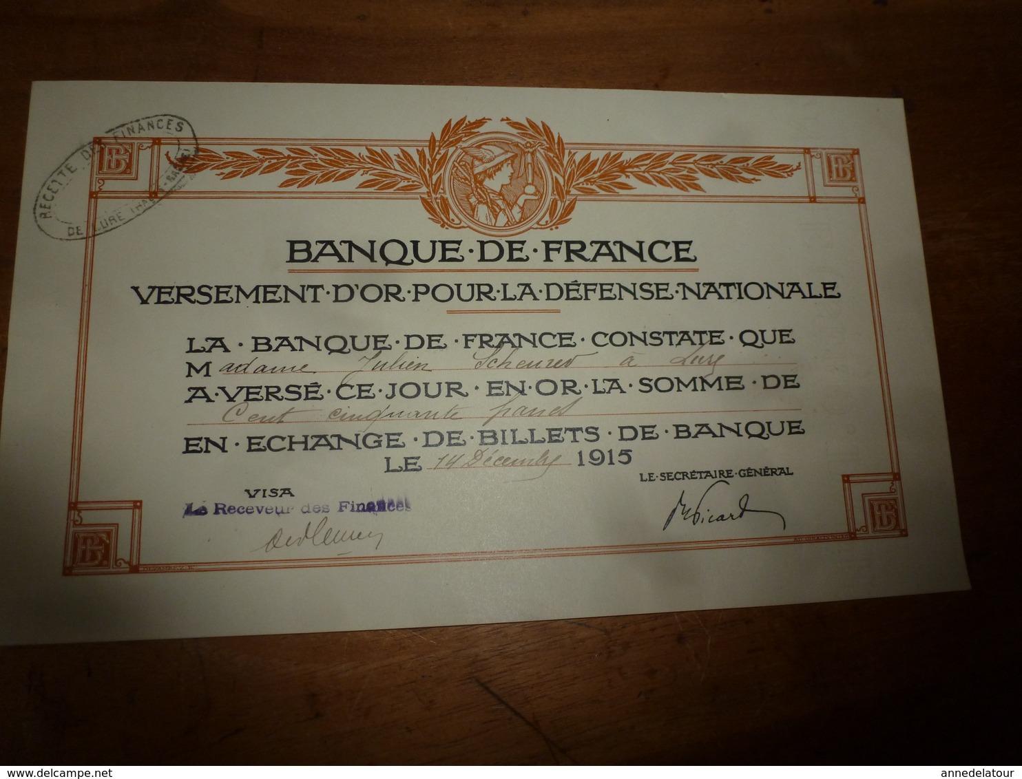 1915  Lot De 4 Certificats De La BANQUE De FRANCE Pour Versement D'OR En échange De Billets De Banque - Bank & Versicherung