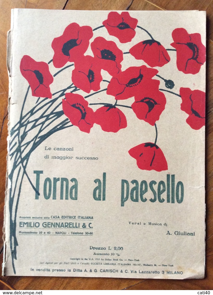 SPARTITO MUSICALE VINTAGE TORNA AL PAESELLO Di A.Giuliani  CASA MUSICALE EMILIO GENNARELLI & C. NAPOLI - Folk Music