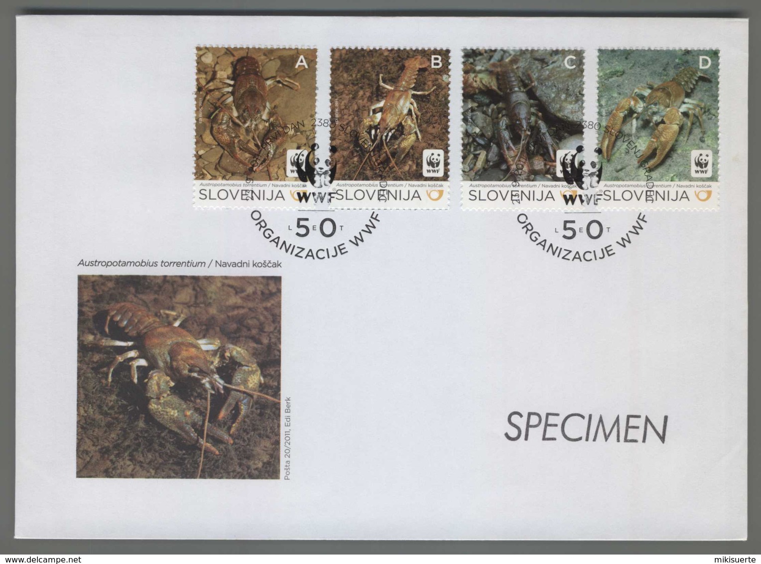 C4484 SLOVENIA FDC 2011 ANIMAL FISH ORGANIZACIJE WWF AUSTROPOTAMOBIUS TORRENTIUM - Slovenia