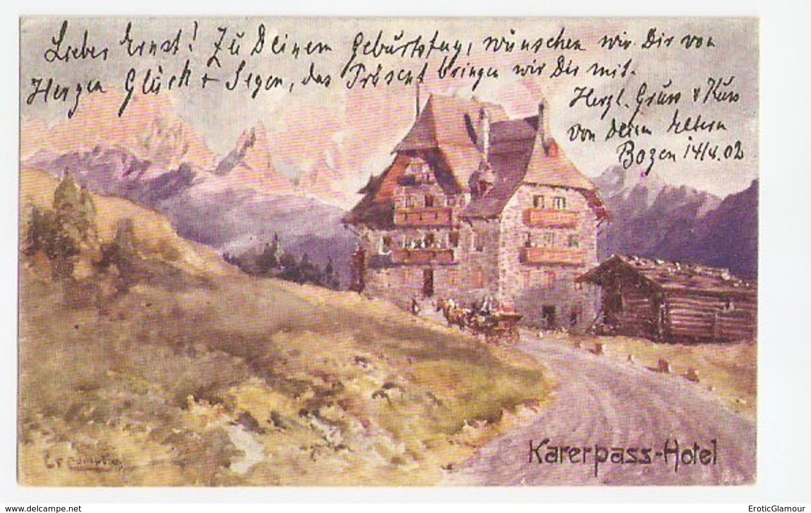 1902 KARERPASS HOTEL. Artist Signed Postcard Ansichtskarte. Mailed To The Tübinger Chronik Newspaper. - Bolzano