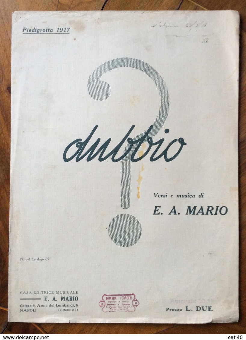 SPARTITO MUSICALE VINTAGE  PIEDIGROTTA 1917 DUDDIO ?  Di E.A.MARIO  CASA EDITRICE MUSICALE  E.A.MARIO NAPOLI - Musique Folklorique