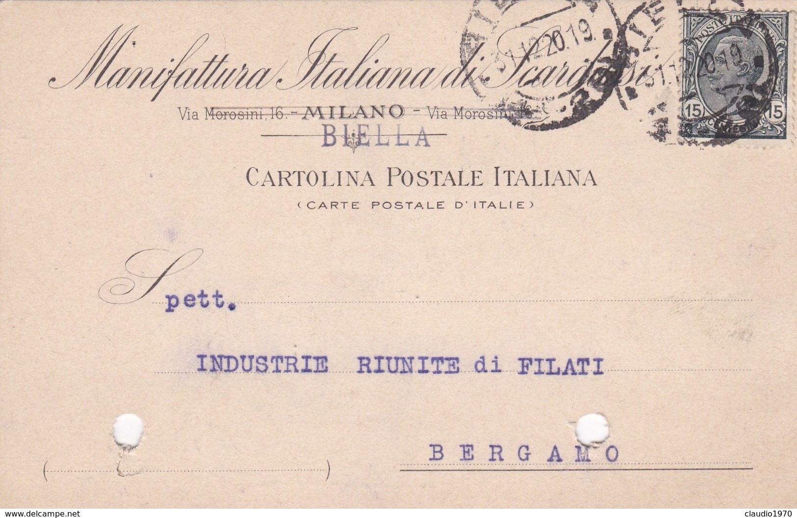 CARTOLINA POSTALE - BIELLA - MANIFATTURA ITALIANA DI SCARDASSI - VIAGGIATA PER  BERGAMO - Storia Postale