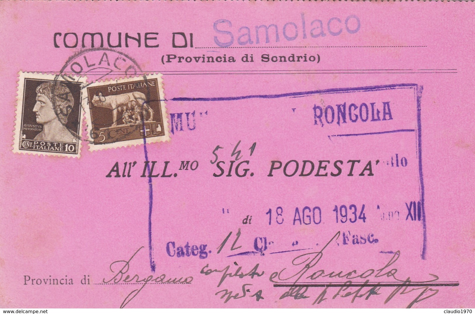 STORIA POSTALE - CUMUNE DI SAMOLACO ( SONDRIO) - VIAGGIATA PER RONCOLA(  BERGAMO) - Poststempel