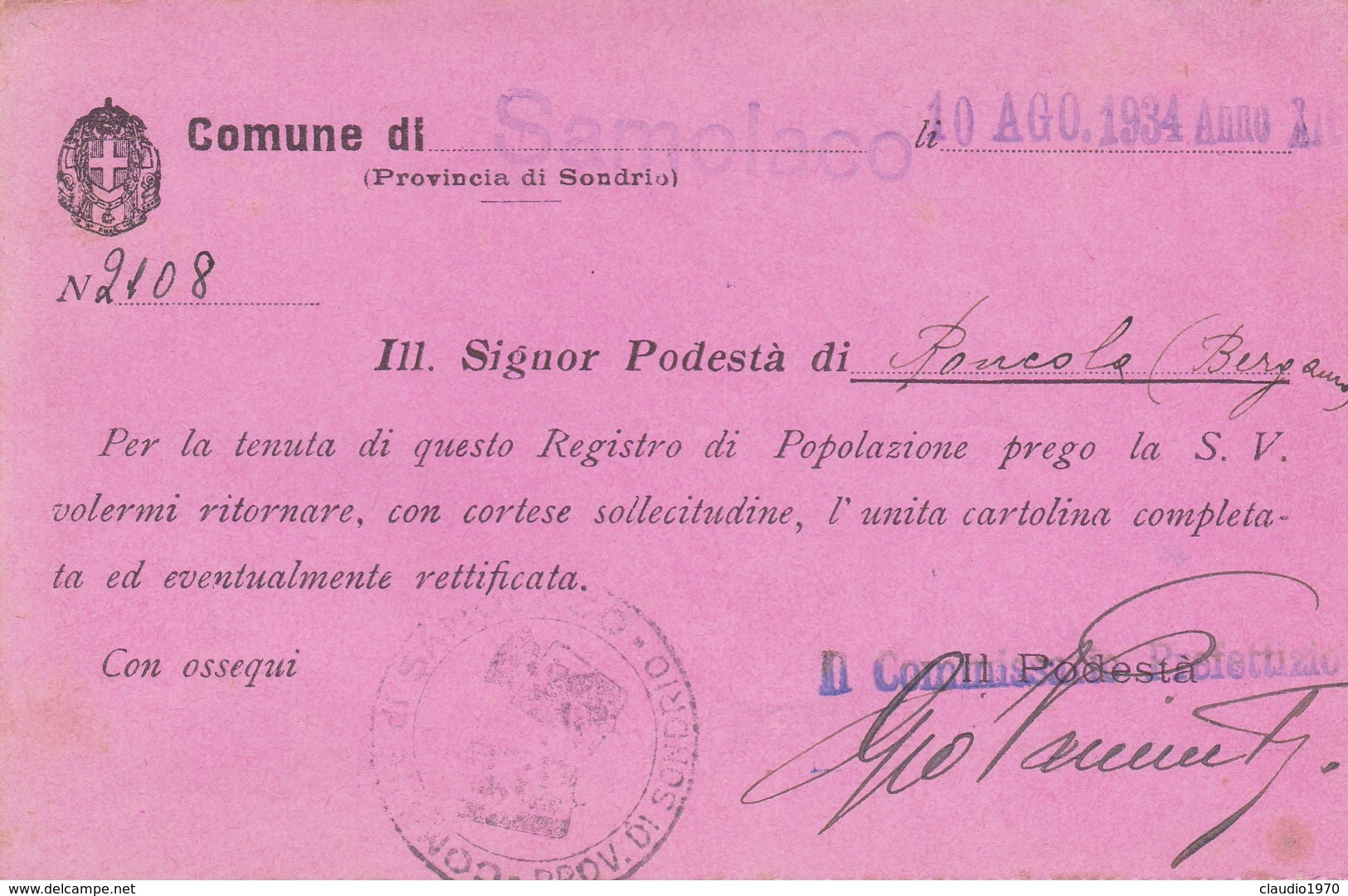 STORIA POSTALE - CUMUNE DI SAMOLACO ( SONDRIO) - VIAGGIATA PER RONCOLA(  BERGAMO) - Poststempel