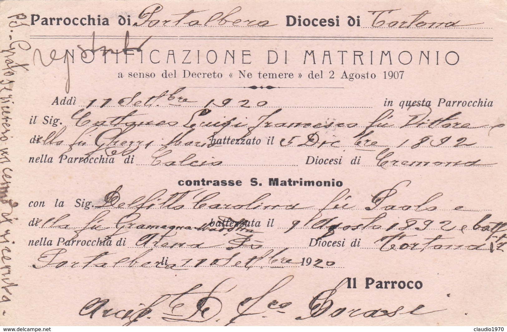 CARTOLINA POSTALE - STRADELLA (PAVIA) NOTICICAZIONE DI MATRIMONIO - VIAGGIATA PER CALCIO ( BERGAMO) - Storia Postale