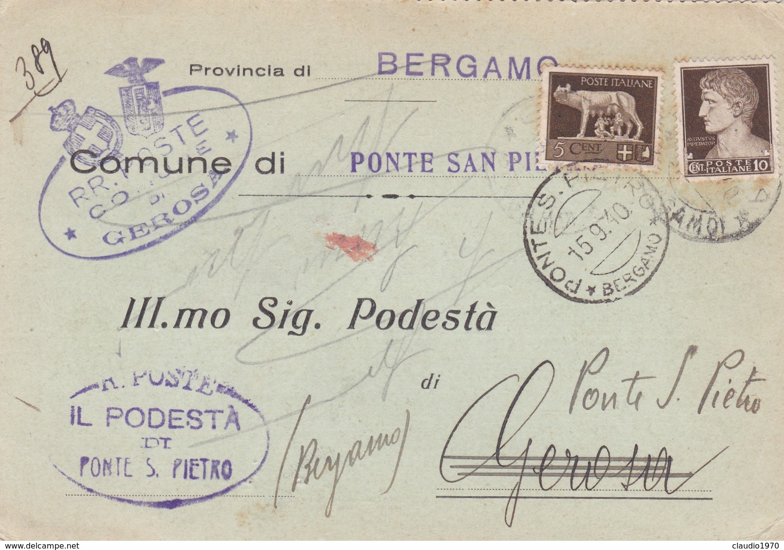 STORIA POSTALE - COMUNE DI GEROSA ( BERGAMO - VIAGGIATA PER PONTE S. PIETRO ( BERGAMO) - Storia Postale