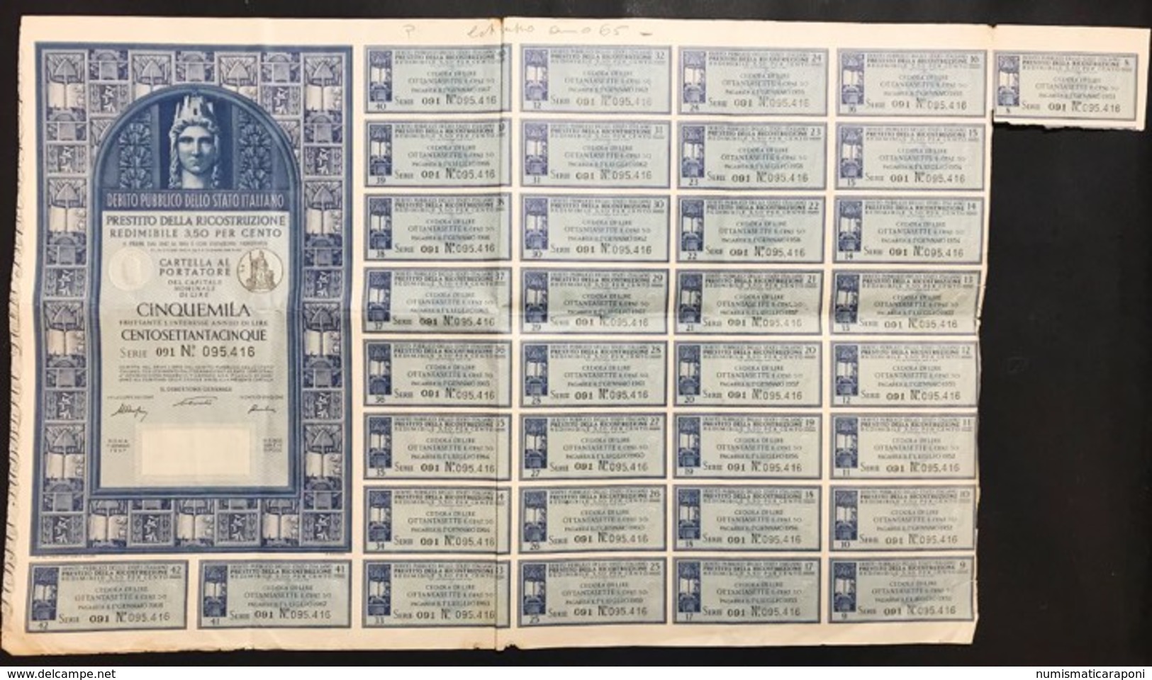 DEBITO PUBBLICO DELLO STATO ITALIANO PRESTITO DELLA RICOSTRUZIONE CARTELLA AL PORTATORE 1947 Doc.080 - Altri & Non Classificati