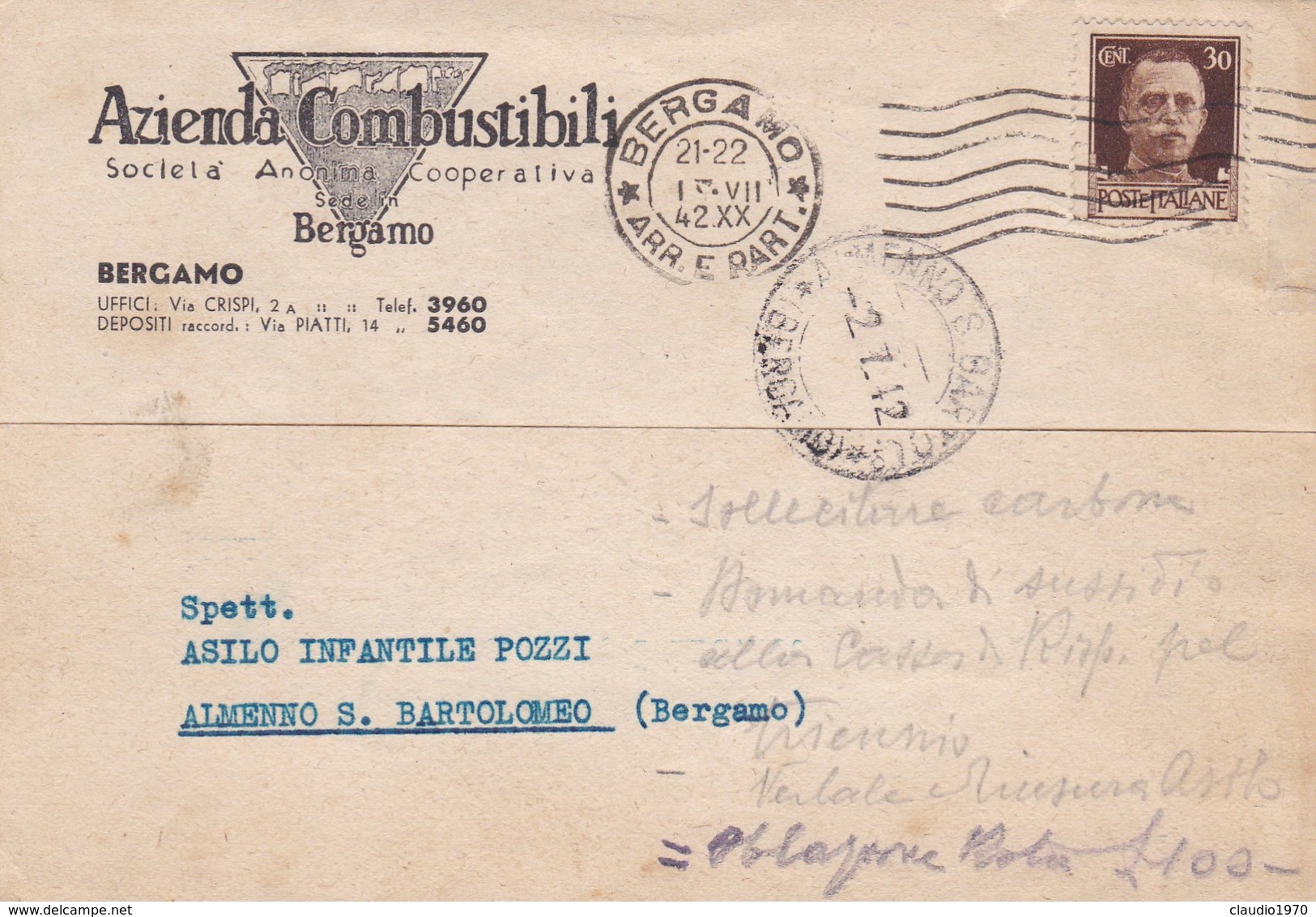 STORIA POSTALE - BERGAMO - AZIENDACOMBUSTIBILI - VIAGGIATA PER ALMENNO S. BARTOLOMEO ( BG) - Storia Postale