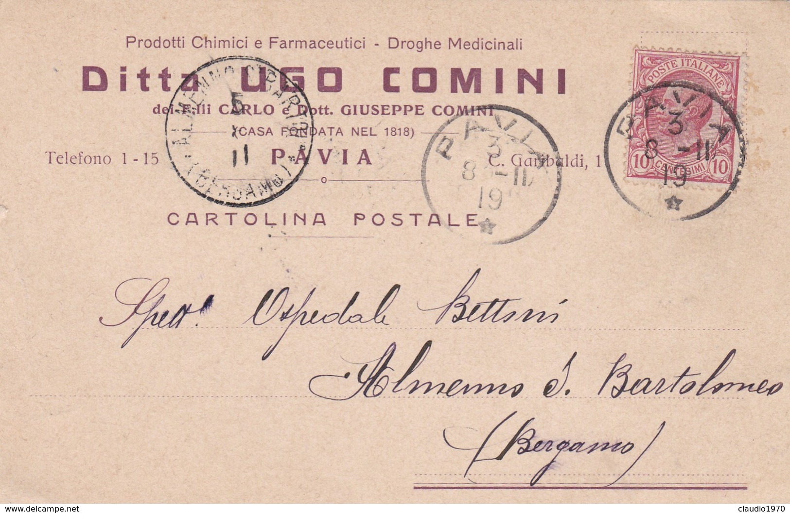 STORIA POSTALE - PAVIA - DITTA UGO COMINI, PRODOTTI CHIMICI E FARMACEUTICI - VIAGGIATA PER ALMENNO S. BARTOLOMEO ( BG) - Storia Postale