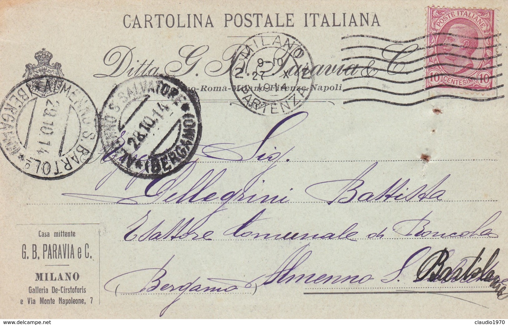 CARTOLINA POSTALE - MILANO - DITTA EDITRICE , G.B. PARAVIA E.C - VIAGGIATA PER ALMENNO S. BARTOLOMEO ( BG) - Storia Postale