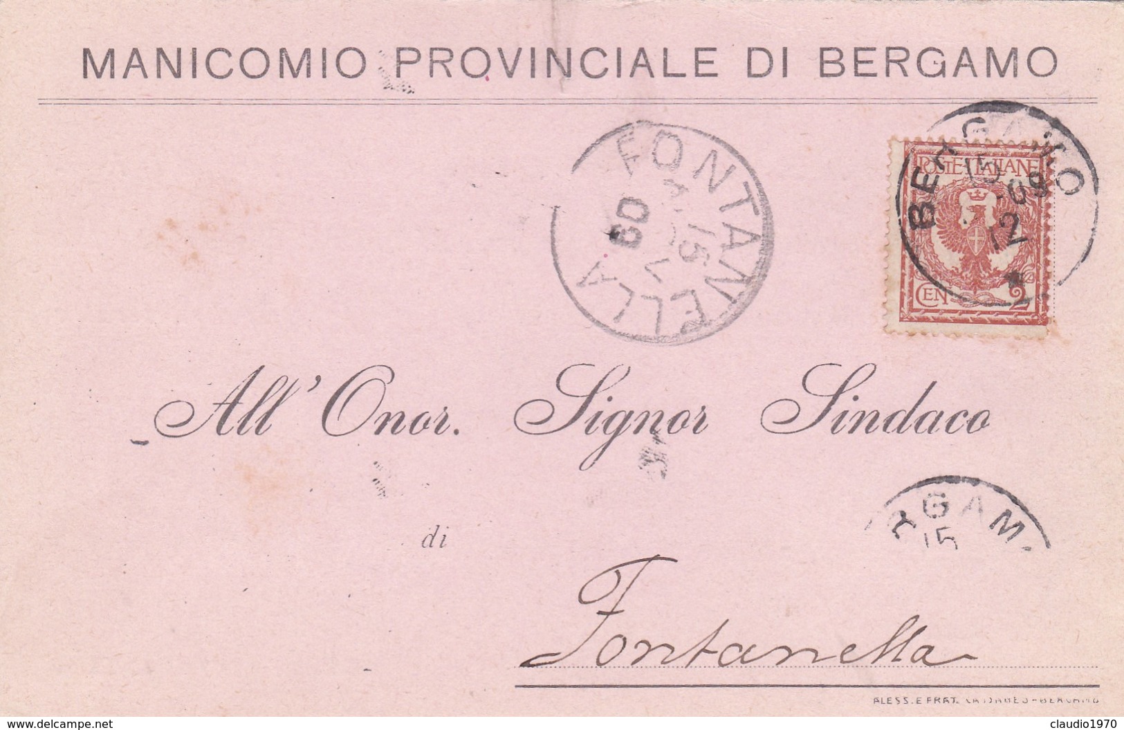 STORIA POSTALE - BERGAMO - MANICOMIO PROVINCIALE DI BERGAMO - VIAGGIATA PER FONTANELLA ( BG) - Storia Postale