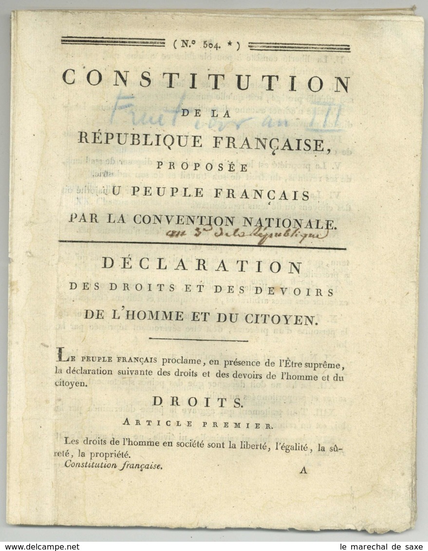 1795 Constitution De La Republique Francaise Par La Convention Nationale An III Revolution - Décrets & Lois