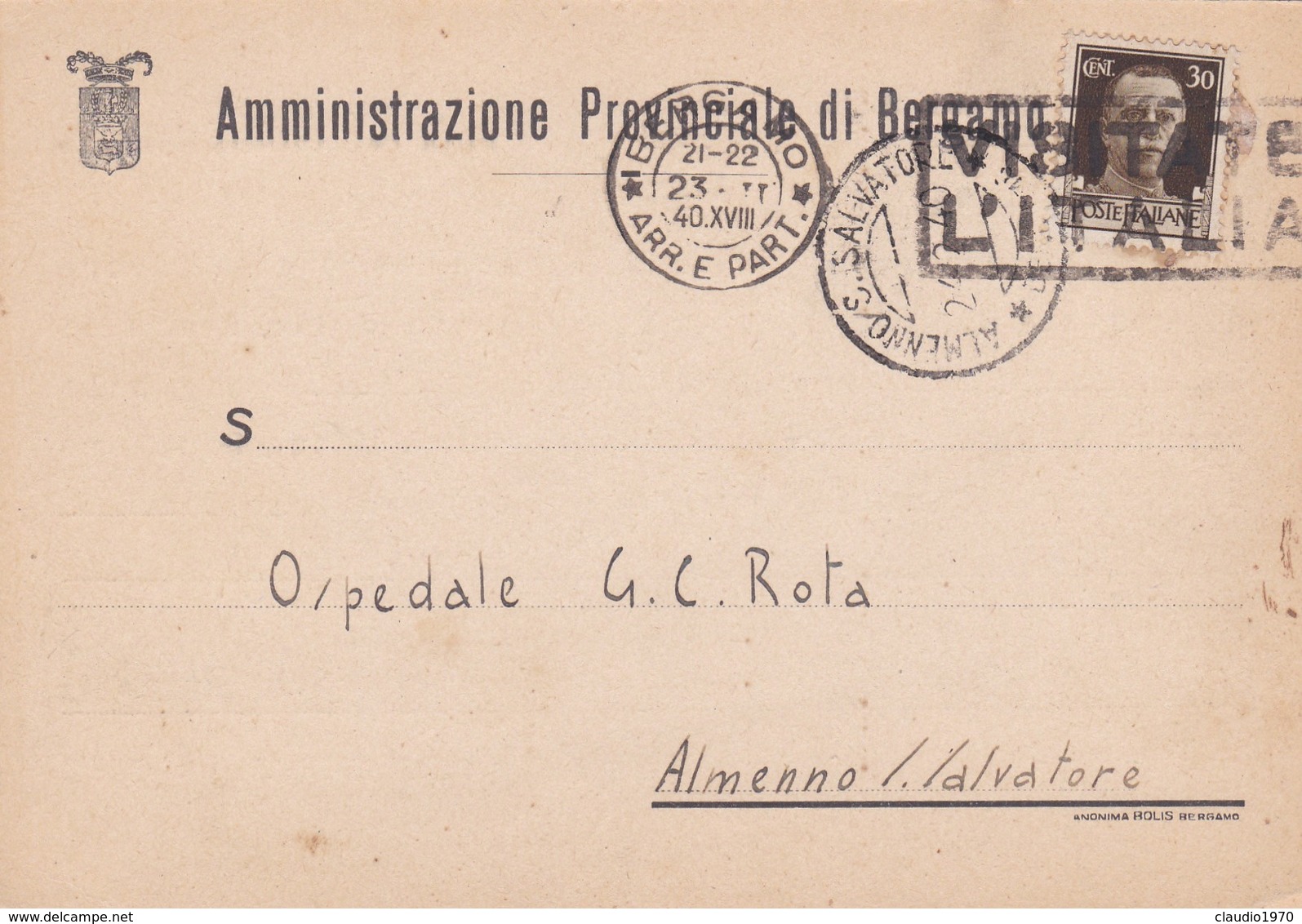 STORIA POSTALE - BERGAMO - AMMINISTRAZIONE PROVINCIALE - VIAGGIATA PER ALMENNO S. SALVATORE ( BG) - Storia Postale