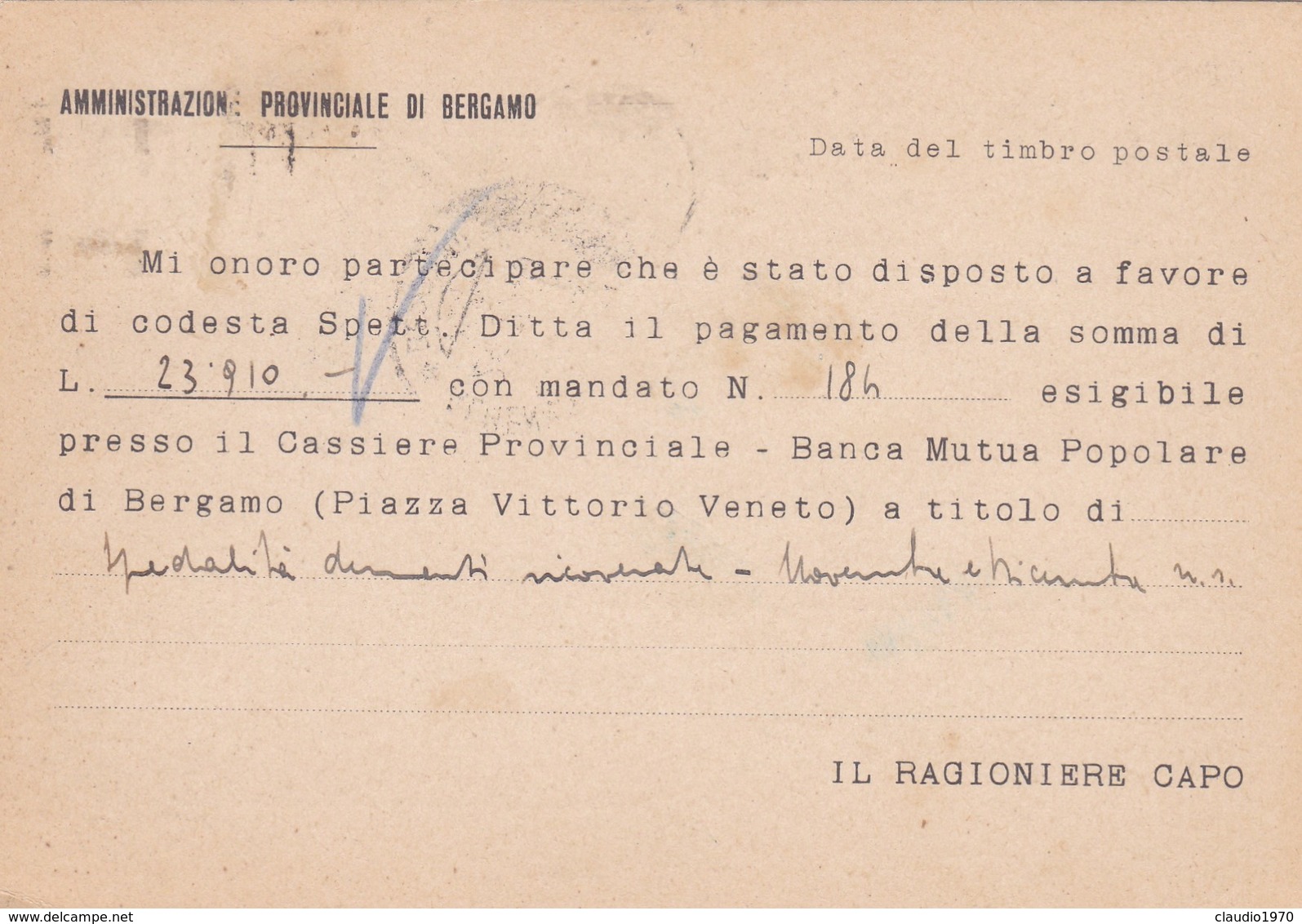 STORIA POSTALE - BERGAMO - AMMINISTRAZIONE PROVINCIALE - VIAGGIATA PER ALMENNO S. SALVATORE ( BG) - Storia Postale