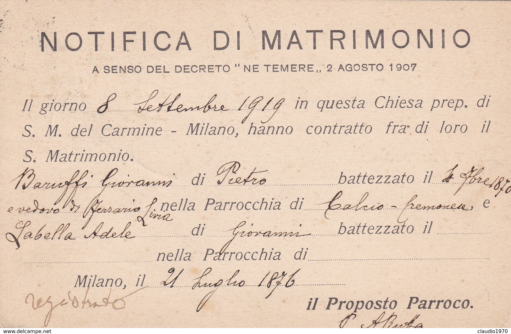 CARTOLINA POSTALE - MILANO - NOTIFICA DI MATRIMONIO - VIAGGIATA PER CALCIO (BERGAMO) - Storia Postale