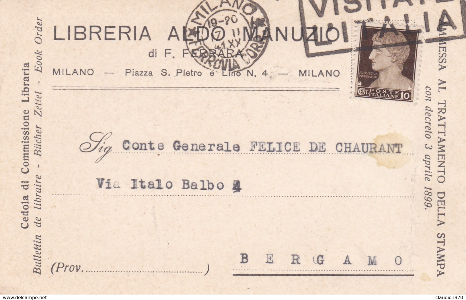 CARTOLINA POSTALE - MILANO - LIBRERIA ALDO MANUZIO - VIAGGIATA PER BERGAMO - Marcophilia