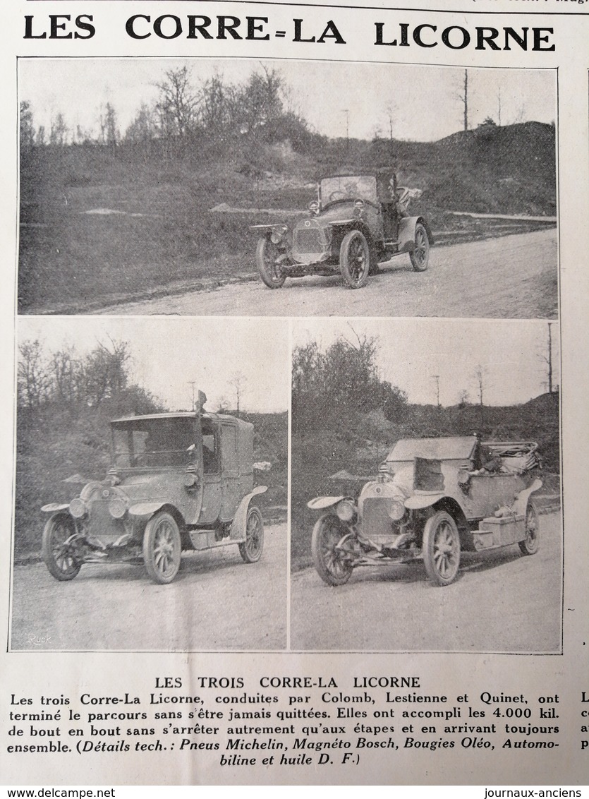 1912 TOUR DE FRANCE AUTOMOBILE - LES VOITURES CORRE-LA LICORNE - PILAIN - LA CRESPELLE - DE BAZELAIRE - Autres & Non Classés