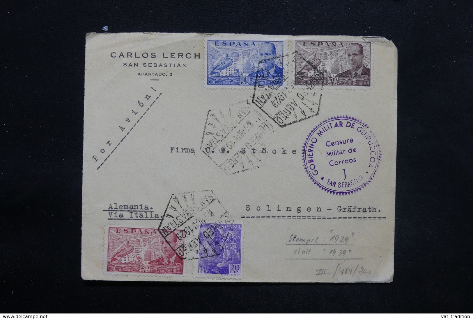 ESPAGNE - Enveloppe De San Sebastian Pour L' Allemagne En 1939 Avec Contrôle Postal Militaire - L 25303 - Marcas De Censura Nacional