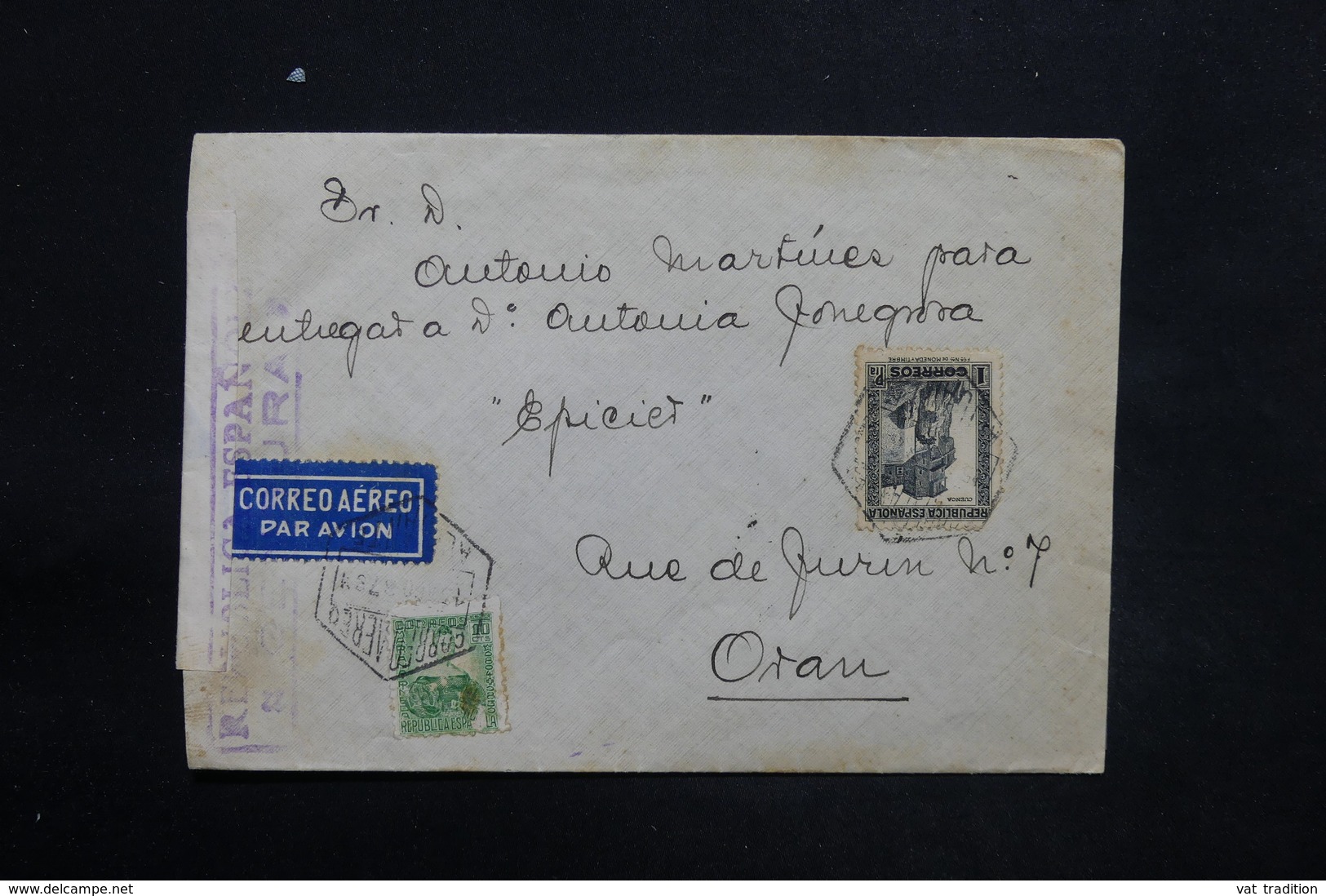 ESPAGNE - Enveloppe De Alicante Pour Oran En 1937 Avec Contrôle Postal Militaire - L 25304 - Marcas De Censura Republicana