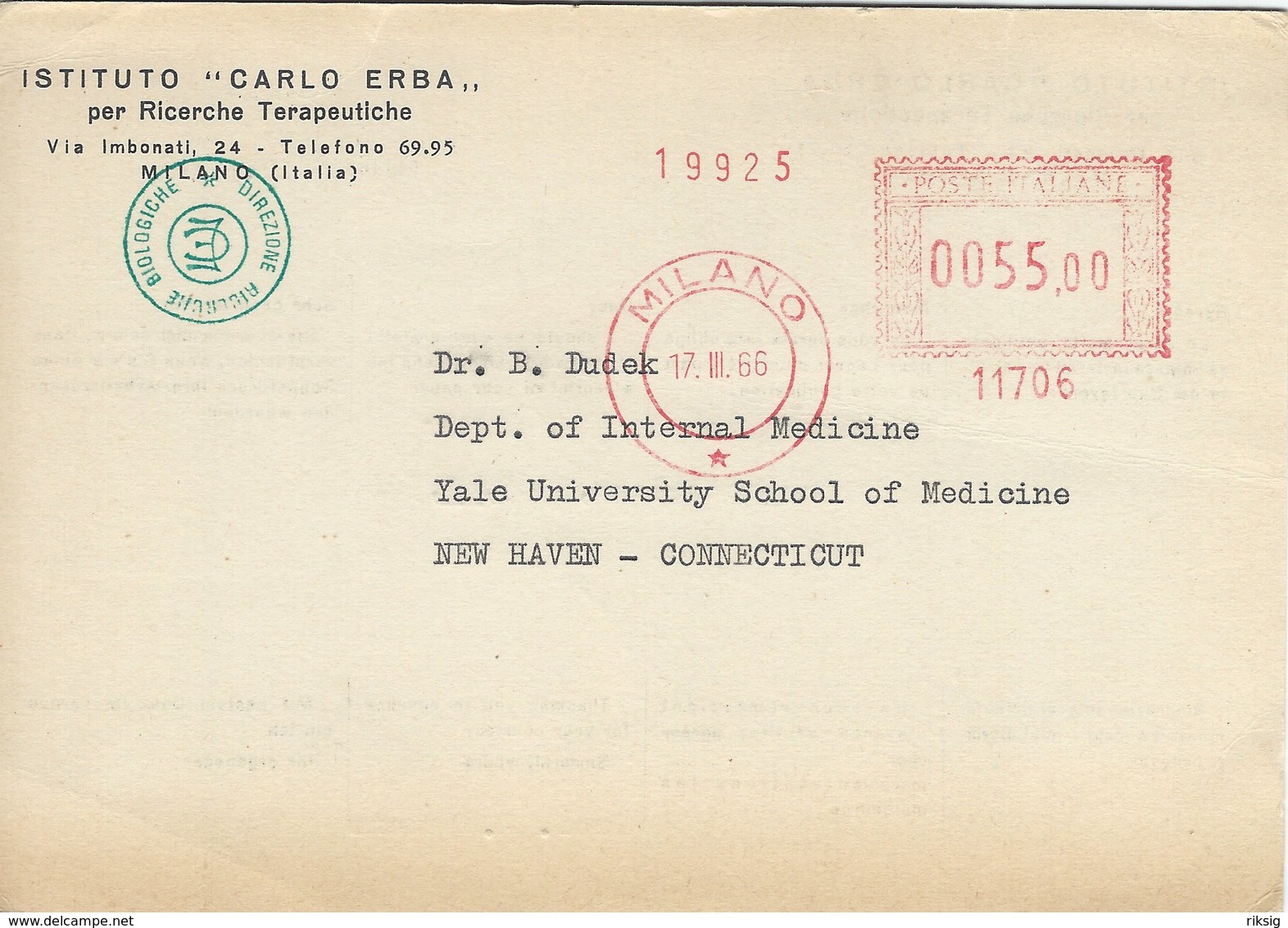 Italy - Card Sent From Milano To Conncticut USA.1966    H-1529 - Other & Unclassified