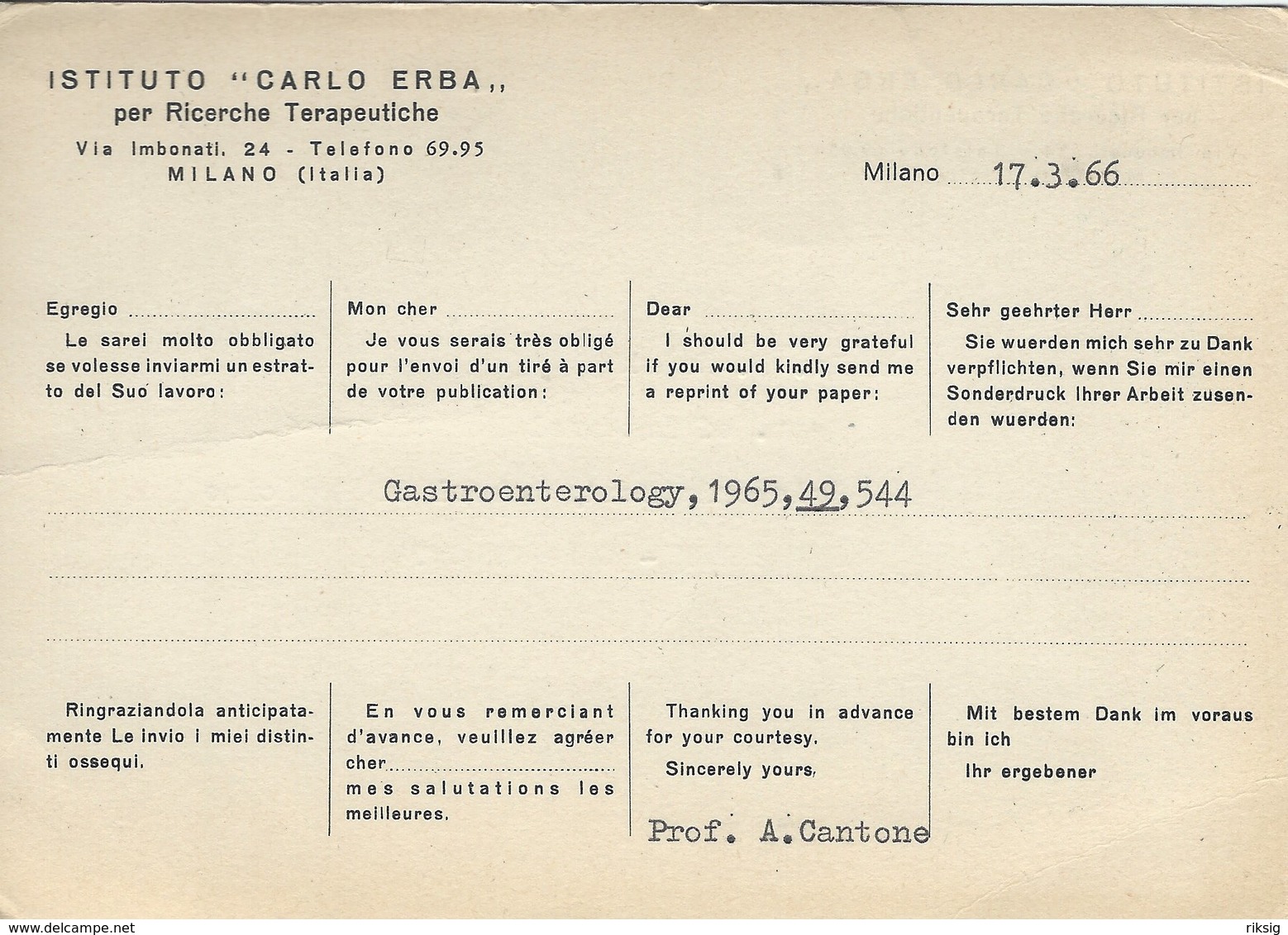 Italy - Card Sent From Milano To Conncticut USA.1966    H-1529 - Other & Unclassified