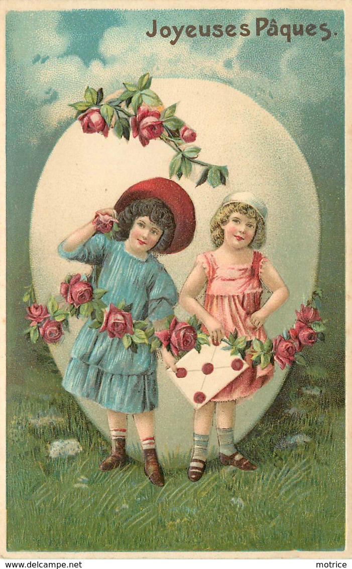 JOYEUSES PÂQUES - Couple D'enfants Et Roses.(carte Gaufrée) - Pâques