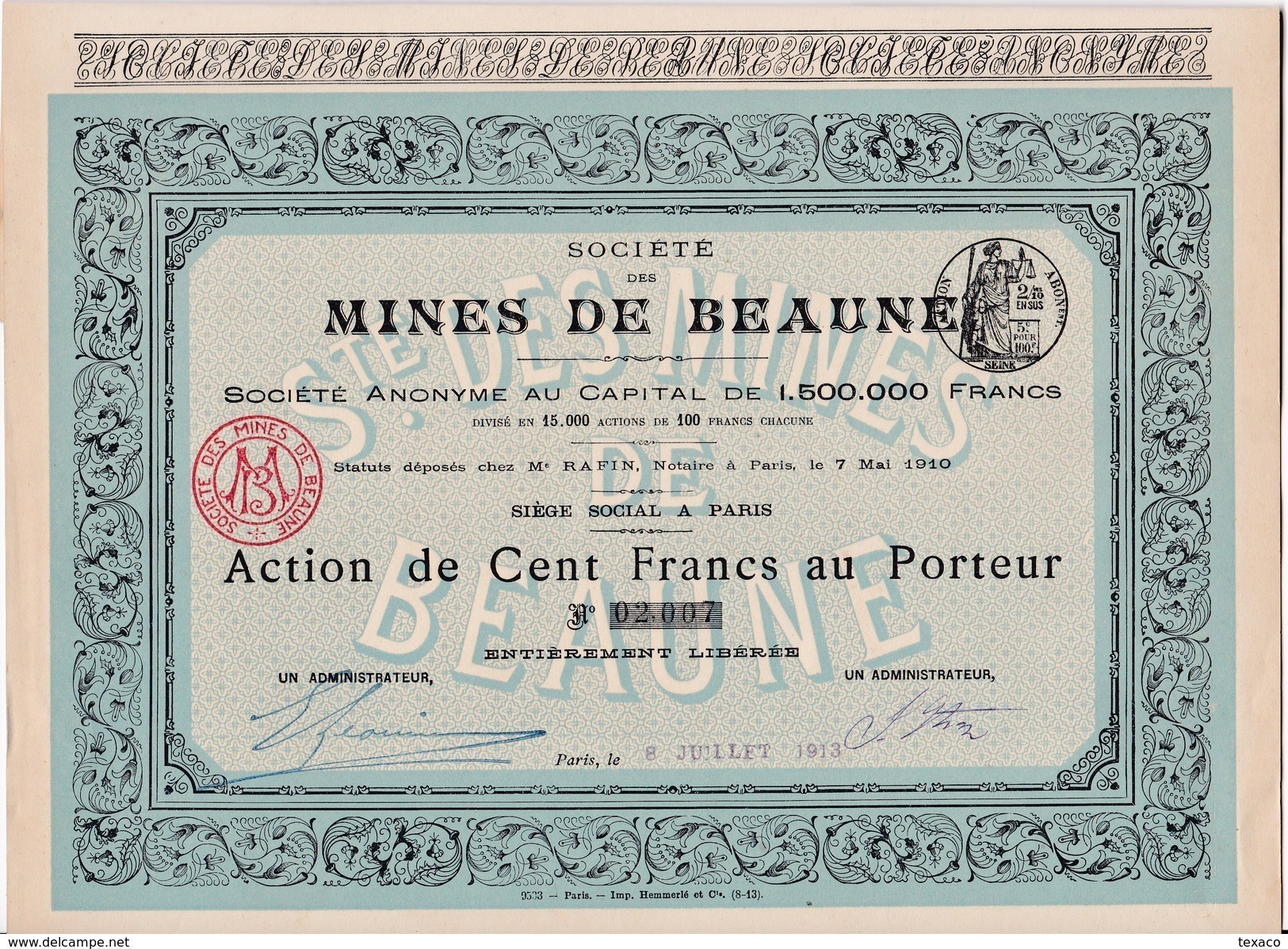 Lot 4 Actions Société Des Mines De Beaune Juillet 1913 - Mines D'or De Beaune Les Mines - Limoges 87 - Gold Mine Shares - Mines