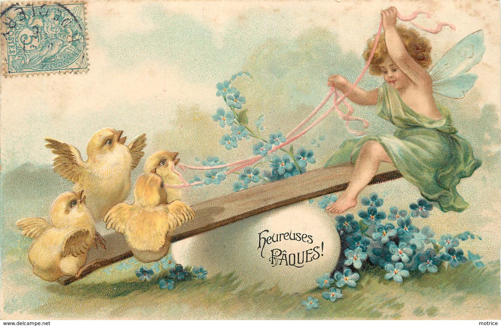 HEUREUSES PÂQUES - Poussins Et Elfe.(carte Gaufrée) - Pâques