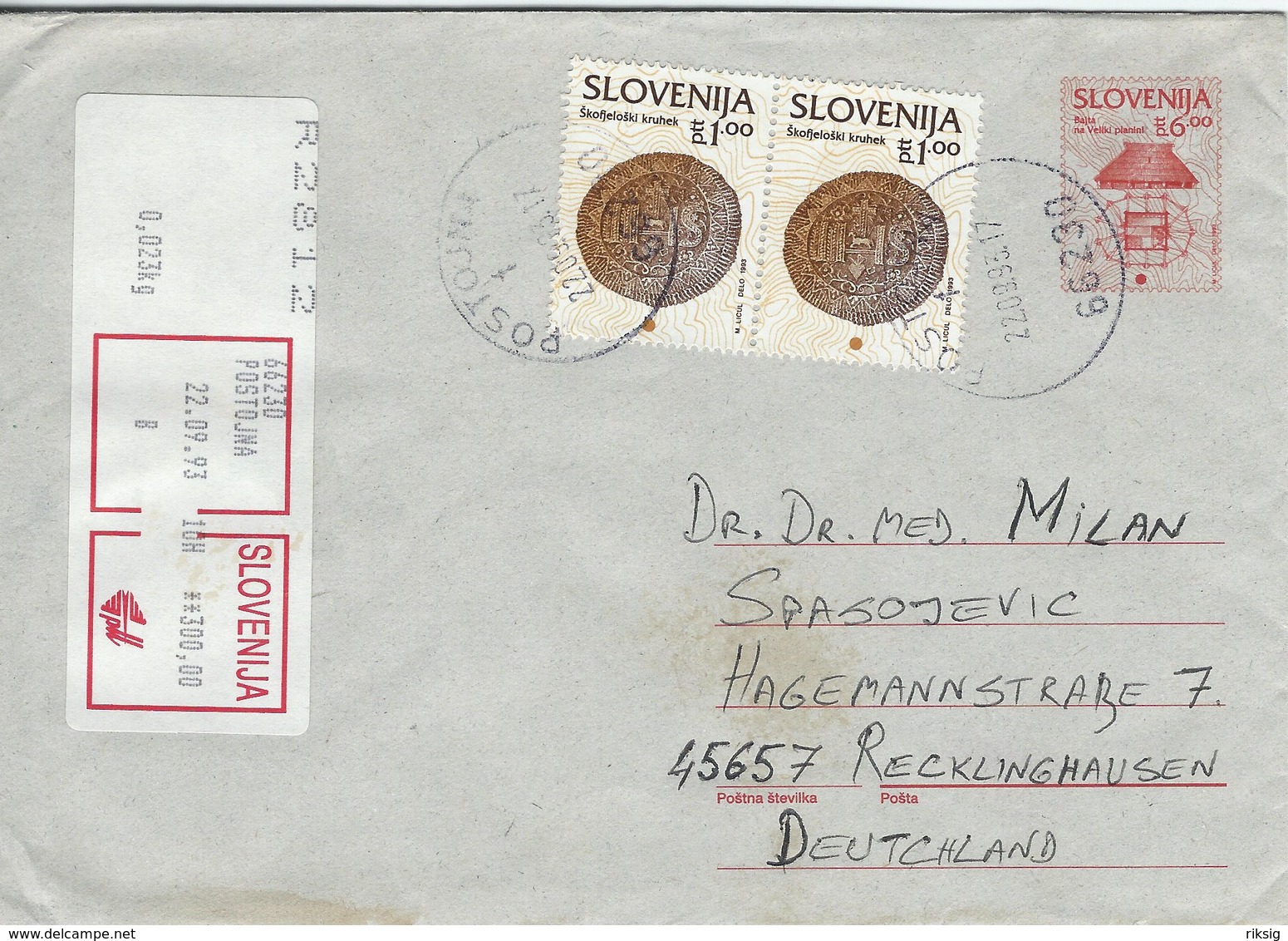 Slovenia - Registered Uprated Stationery.  Used 1993. Sent To Germany.  H-1536 - Slovenia