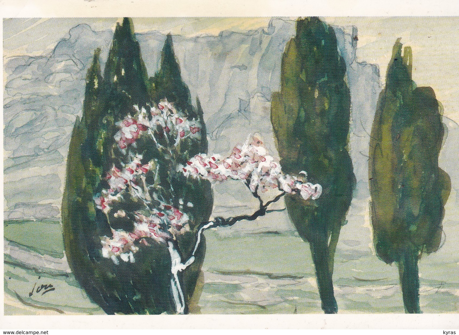 CPM 10X15. Illustrat. Louis JOU (1881-1968) VALLEE DES LES BAUX . Amandiers En Fleurs Et Cyprès. Aquarelle - Otros & Sin Clasificación