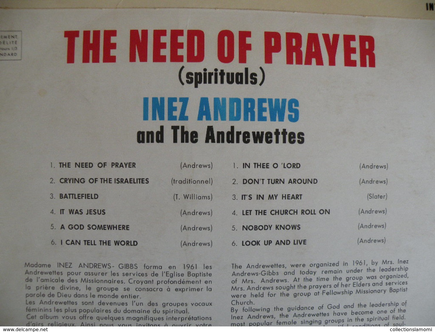 Inez Andrews And The Andrewettes - Négro Spirituals & Gospels 1961 - (Titres Sur Photos) - Vinyle 33 T LP - Religion & Gospel