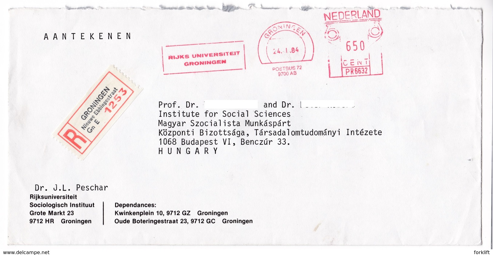 K123 Netherlands Red Meter Freistempel EMA 1984 GRONINGEN RIJKS UNIVERSITEIT - Frankeermachines (EMA)