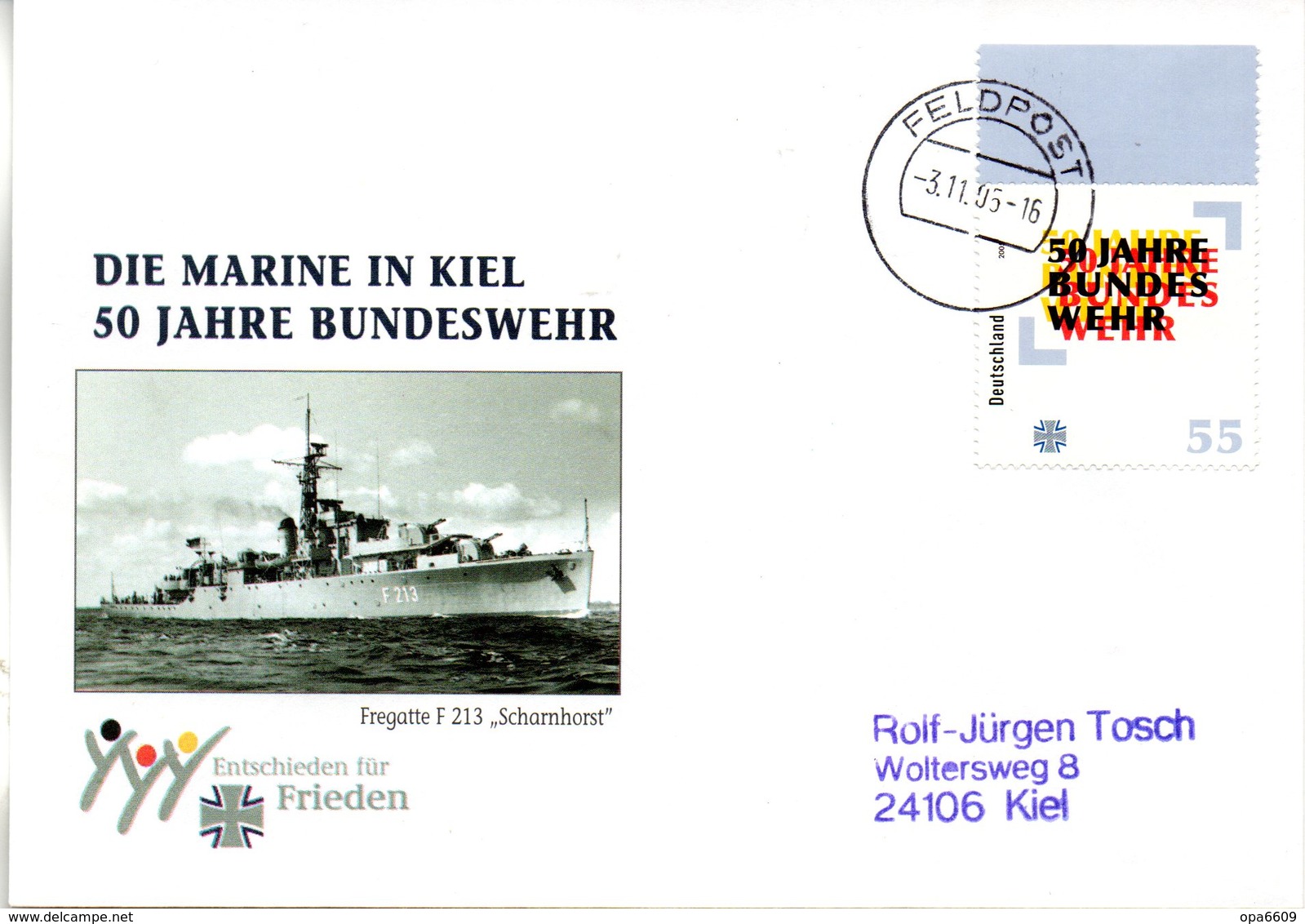 (BWFP2) BRD-Bundeswehr, Feldpost-Sonderumschlag "DIE MARINE IN KIEL - 50 JAHRE BUNDESWEHR" EF Mi 2497 3.10.1995 FELDPOST - Storia Postale